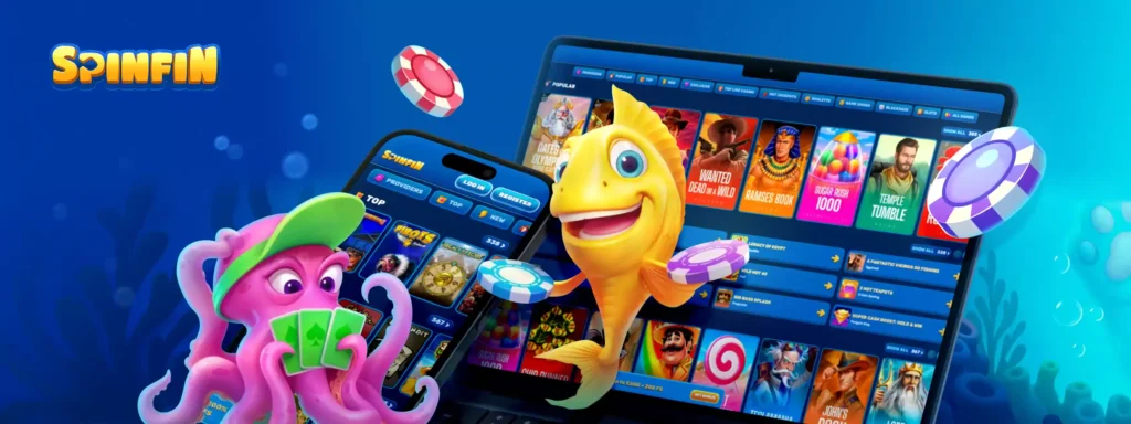 Smartphone showing the SpinFin website, highlighting game categories: Populaires (Popular), Top, and responsible gaming advice.